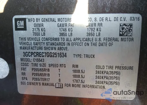 2016 Chevrolet Silverado 1500 1Lt z USA, uszkodzony, nr VIN 3GCPCREC7GG251634